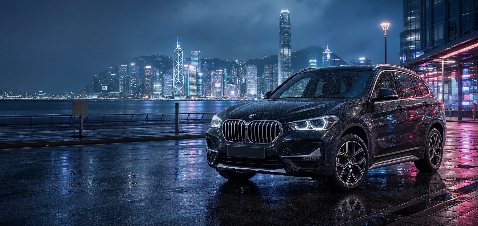 BMW X1 停泊於香港夜景海旁，象徵ZC Car Rental租車服務